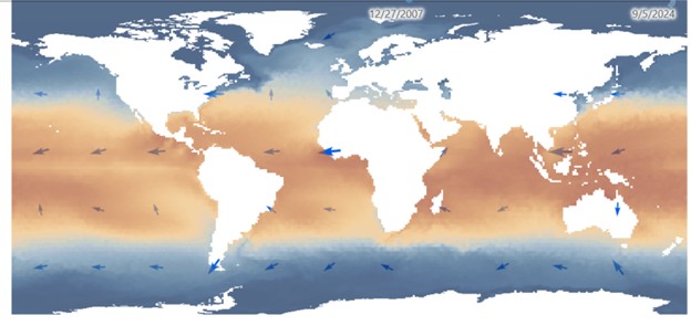 A picture of two raster layers of ocean current and temperature in ArcGIS Pro